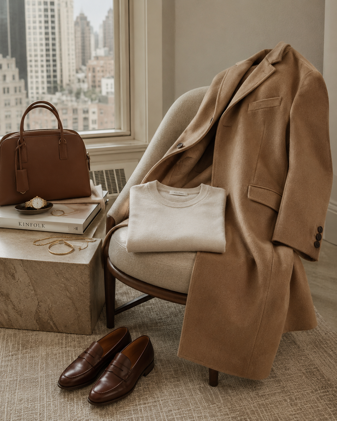 A camel wool coat draped over a chair with a folded cream sweater, cognac leather bag, gold watch, and brown loafers in a New York apartment