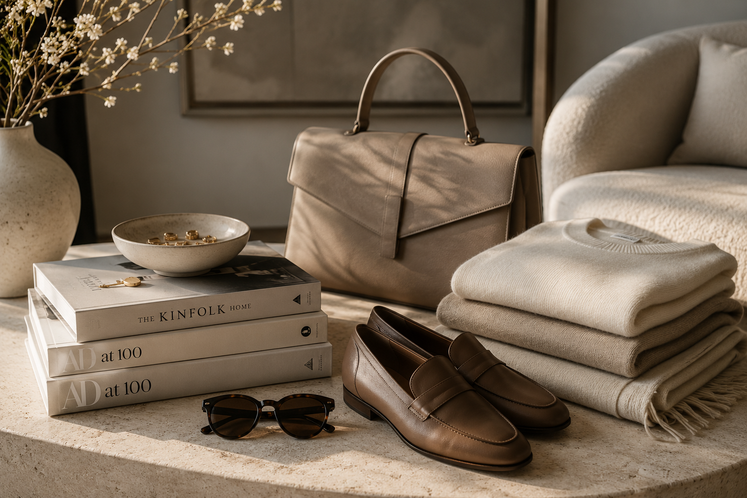 A quiet luxury still life: taupe leather handbag, brown penny loafers, folded cream cashmere, stacked design books, and gold jewelry in a ceramic dish on a travertine table
